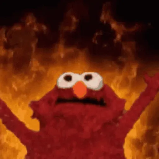 Meme of Elmo raising his arms in front of an animated fire background