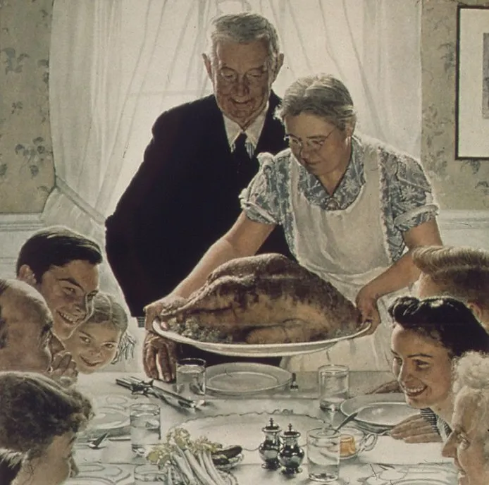 Norman Rockwell's 'Freedom From Want': a family excitedly talking as the matriarch and patriarch are about to place a Thanksgiving turkey on the table.