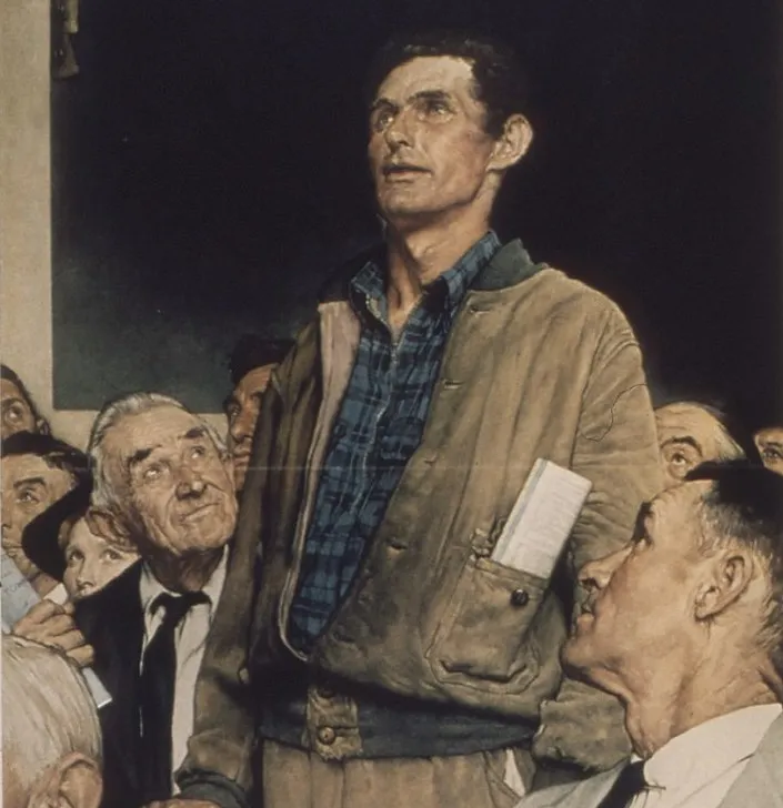 Norman Rockwell's 'Freedom of Speech': a working man standing up in a seated crowd in suits and looking up stoically, about to speak.