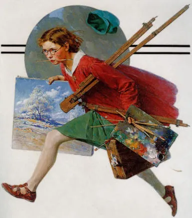 Norman Rockwell's 'Girl Running with Wet Canvas': a schoolgirl in red running while holding wet painting supplies and a painting of a white tree on tan grass. She holds a paintbrush in her mouth and has a determined look on her face.