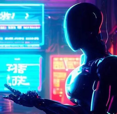 Robots talking to each other in a neon city