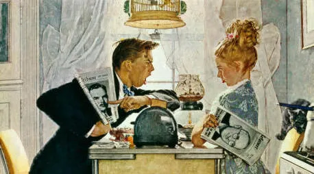 Norman Rockwell's 'Tough Call': three baseball umpires look upward and one catches rain on a hand, as it starts to rain.