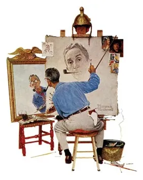 Norman Rockwell's 'Triple Self-Portrait': a painter wearing glasses and smoking a pipe, looking at himself in a mirror, painting himself with pipe but no glasses.