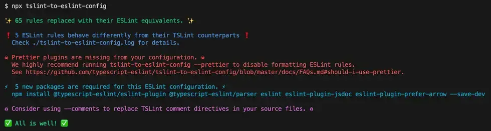 Running npx tslint-to-eslint-config in a terminal. It has 6 groups of output: green, blue, red, cyan, purple, and green. See link for the full text.